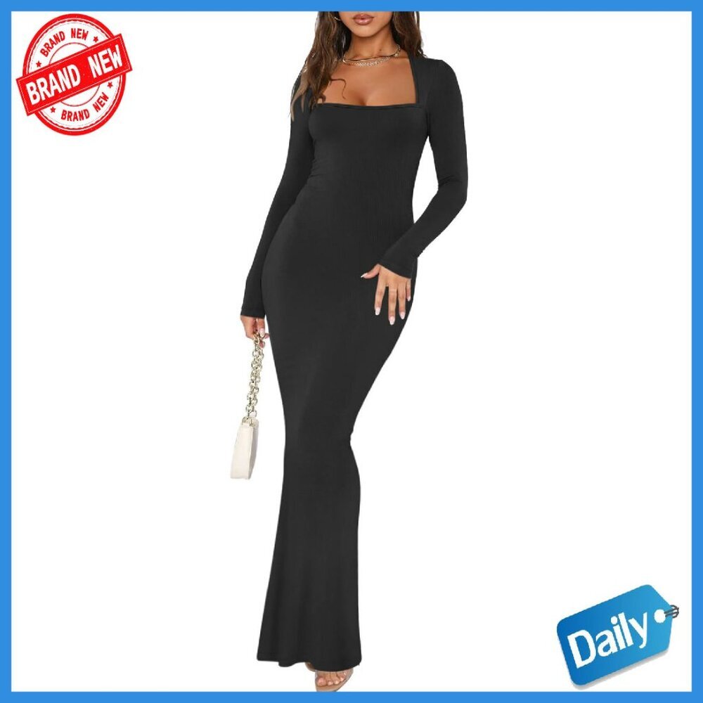 Long Sleeve Ribbed Bodycon Maxi Dress Square Neck Formal Casual